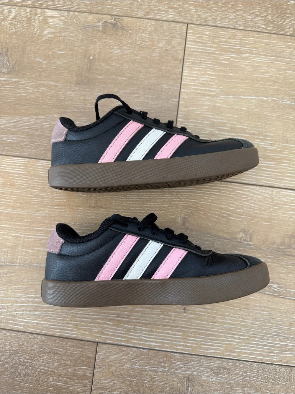Kids adidas Black Sneakers with Pink & Cream Stripes